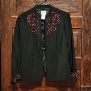 Vintage Ann Travis Boho Western Black Blazer with Red Embroidery Size 16W Petite